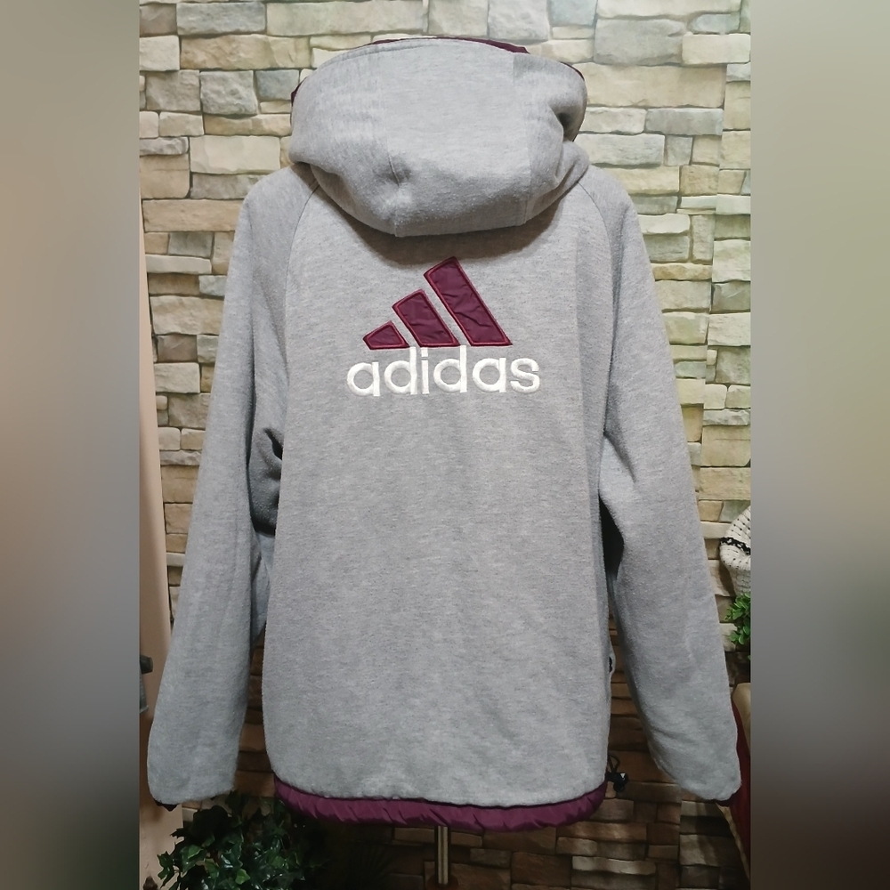 Vintage Y2K Adidas Reversible Jacket Men’s L Hooded Burgundy Maroon 3 Stripe - Picture 5 of 7